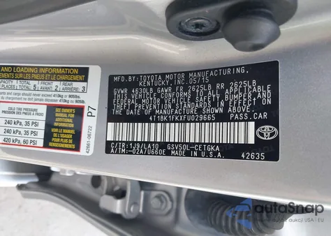 2015 Toyota Camry Xle V6 из США, поврежденный, VIN 4T1BK1FKXFU029665